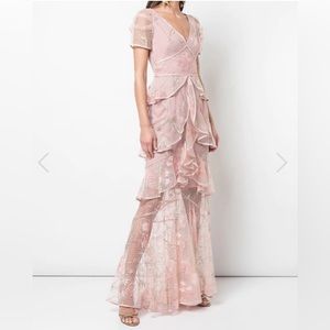 Marchesa Notte Tiered Ruffle Floral Lace Gown